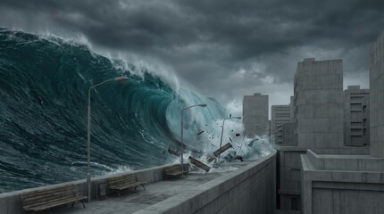 Fototapeta premium Massive dark tsunami wave engulfs a concrete urban city, destroying streetlights and benches. The scene conveys widespread devastation and the raw power of nature.