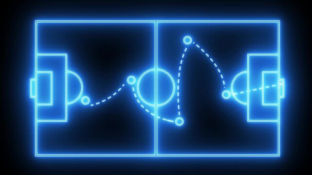 Neon blue soccer field diagram with dashed lines showing ball movement and player positions football