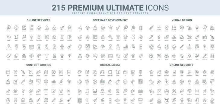 Cybersecurity, digital media, online services and mobile app line icon set. Tools to develop project and software, create and write content, copyright thin black outline symbols vector illustration