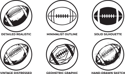 Fototapeta premium Set of six american football ball icons featuring various design styles like realistic silhouette outline and hand drawn