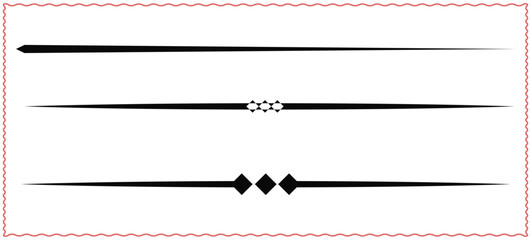 Fototapeta premium Three different black decorative horizontal lines with pointed ends and diamond shapes on a transparent background illustration vector design