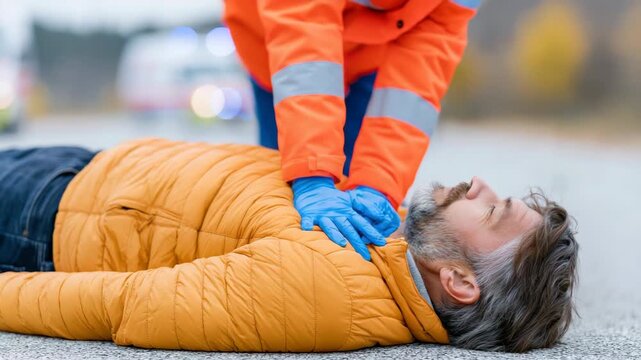 Tracking shot of paramedic performing chest compressions on collapsed man lying on road with ambulance blurred in background