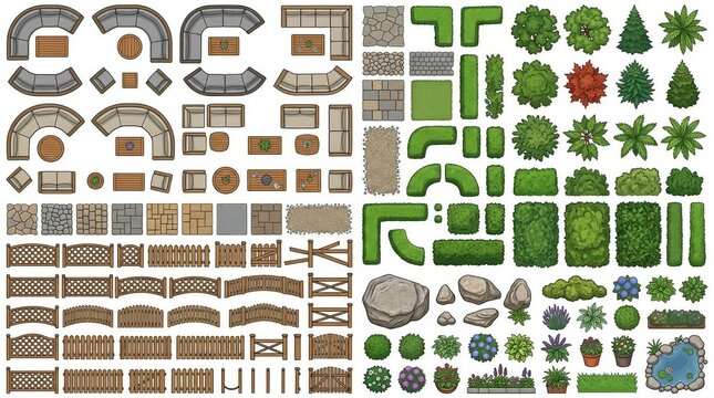 Garden outdoor furniture landscape illustration set with fences hedges trees plants pond decor