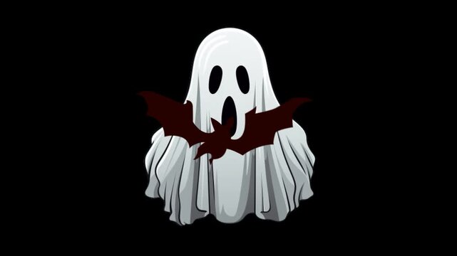 Ghost character wearing a white sheet holds a small dark bat while floating against a solid black background.