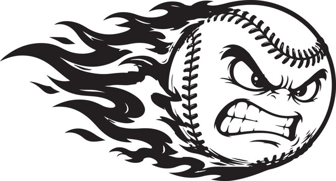 Angry baseball mascot character with fire flames illustration in black and white style for sports team logo design