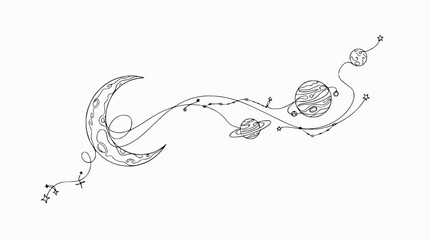 Whimsical Celestial Line Art: Crescent Moon, Planets, Stars, Cosmic Journey © rglstrm