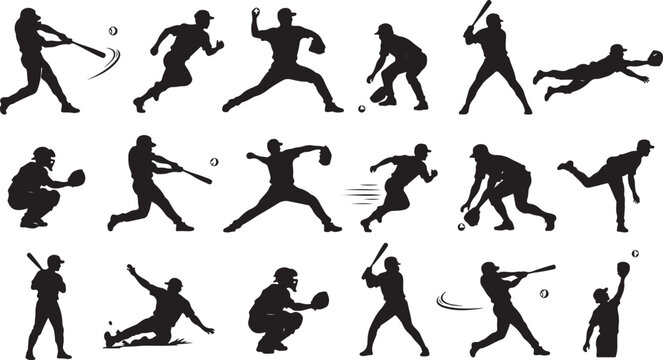 Set of black baseball player silhouettes in various athletic poses including batting throwing and catching
