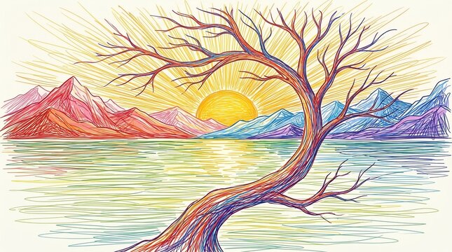 serene landscape with tree by lake at sunset