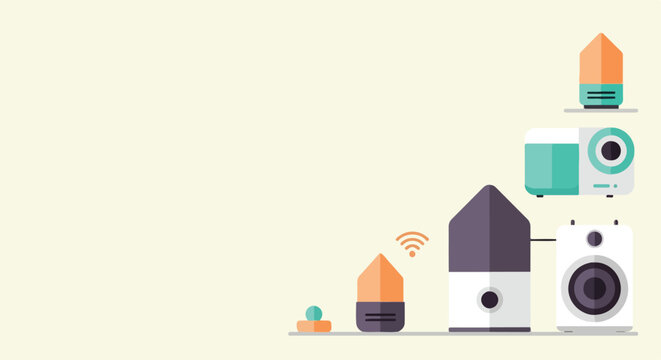 Minimalist flat vector illustration of smart home electronics and gadgets like speakers and a projector on a cream background.