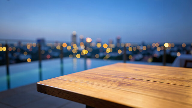 Warm Teak Wood Outdoor Table on Exclusive Infinity Pool Deck Overlooking Twilight Skyline Luxury Cit