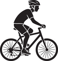 Naklejka premium Black silhouette of a professional cyclist wearing a safety helmet riding a fast mountain bike in a side profile view
