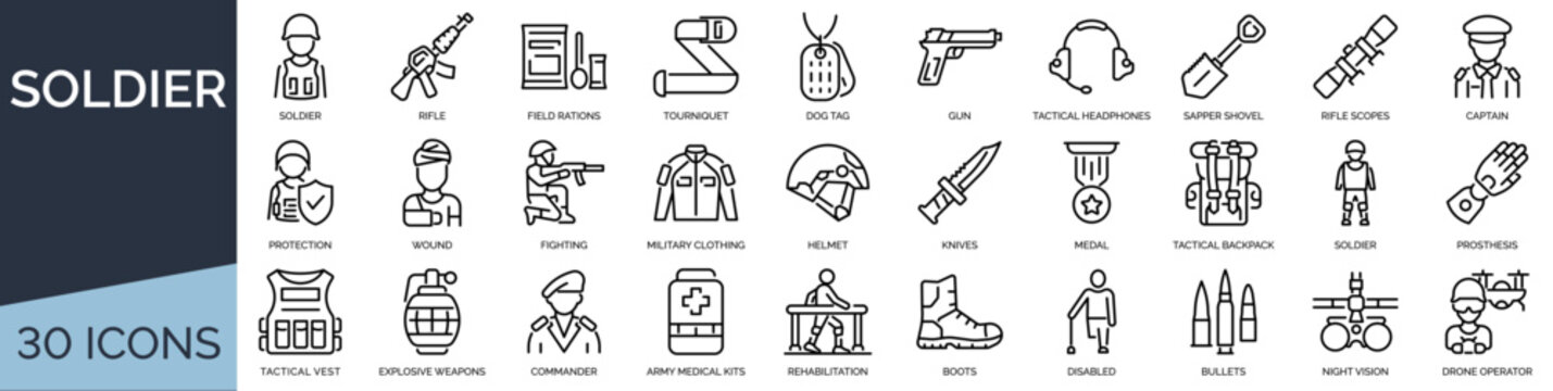 Set of 30 outline icons related to soldier. Linear icon collection. Editable stroke. Vector illustration