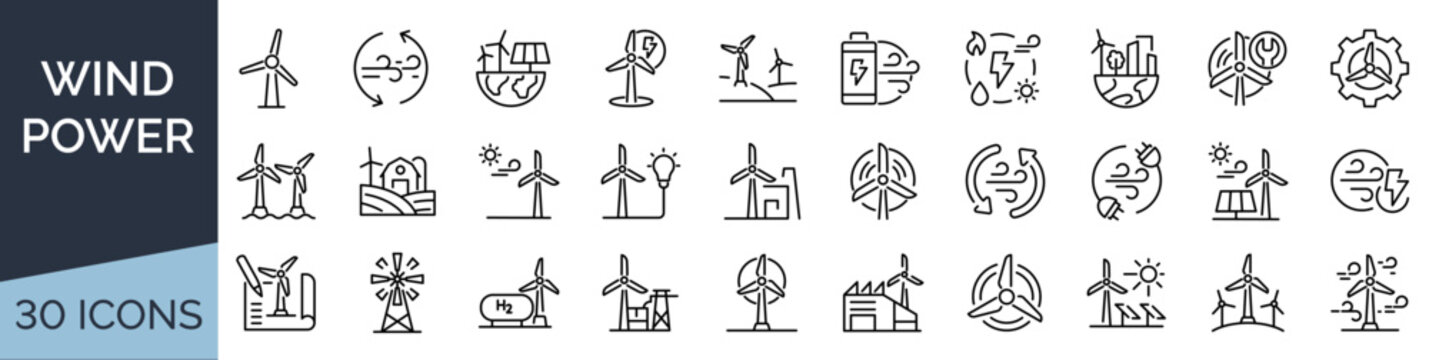 Set of 30 outline icons related to wind power. Linear icon collection. Editable stroke. Vector illustration