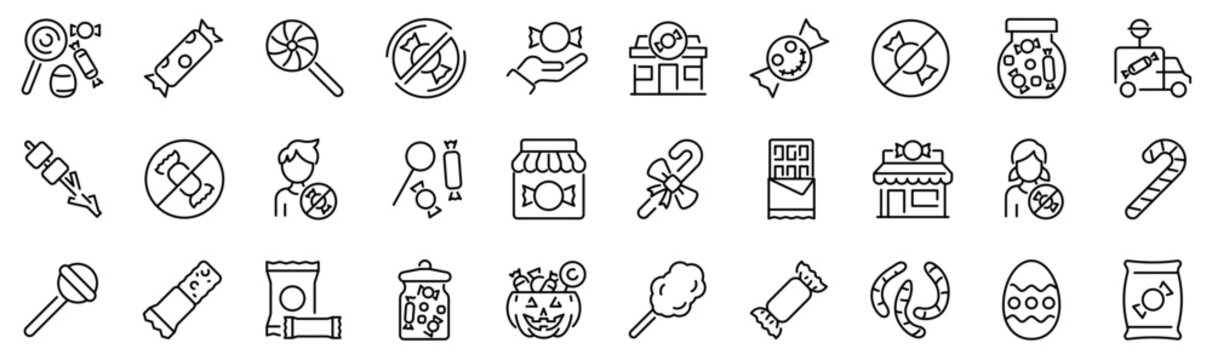 Set of 30 outline icons related to candy. Linear icon collection. Editable stroke. Vector illustration