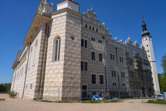 Litomysl, Czech Republic - May 1, 2026 - Renaissance castle with sgraffito facade and tower under blue sky