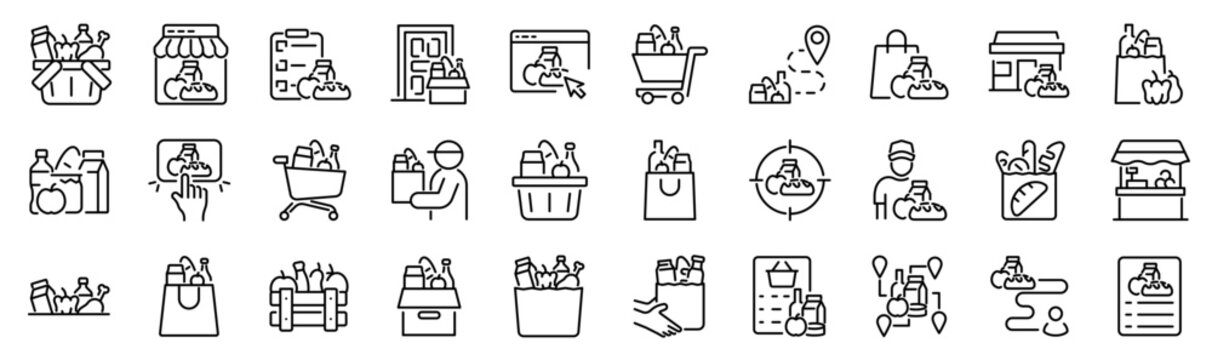 Set of 30 outline icons related to grocery. Linear icon collection. Editable stroke. Vector illustration
