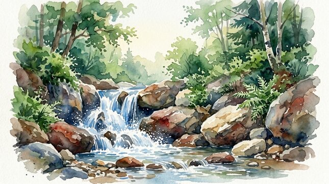 serene waterfall in forest with rocks and greenery