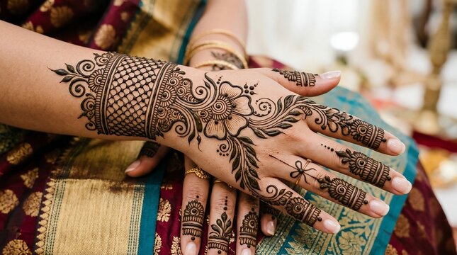Intricately designed henna tattoos on woman's hands for special occasion