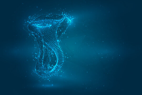 Abstract 3D shape of glowing dots on a blue background