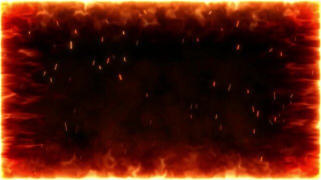 Fire border frame glows with intense orange flames and floating sparks on a dark background to create a dramatic visual effect.