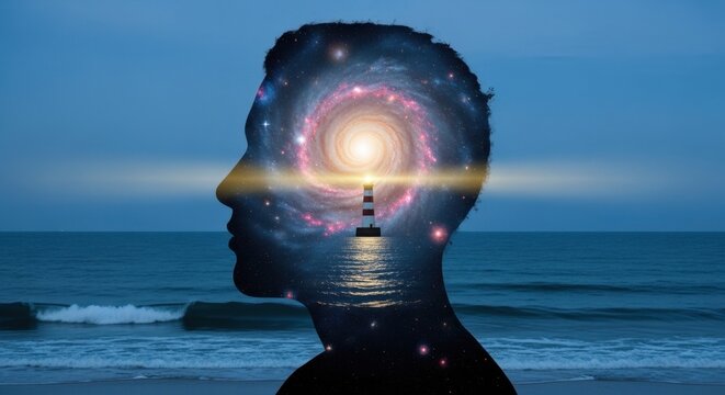 Cosmic Mindscape: A silhouette of a man's head overlays a celestial scene of a galaxy and a lighthouse guiding through the ocean, representing inner thoughts, imagination, and guidance.