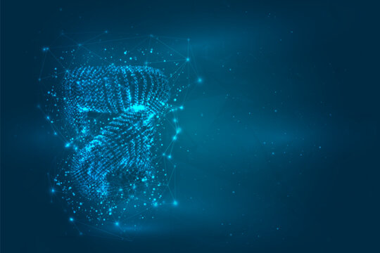 Abstract 3D shape of glowing dots on a blue background