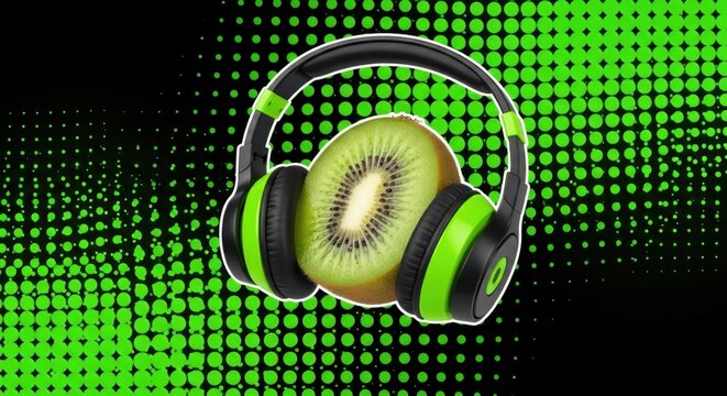 Kiwi Beats: A slice of ripe kiwi fruit wears bright green headphones, set against a dynamic black and green abstract background with a halftone pattern, representing a fusion of nature and sound.