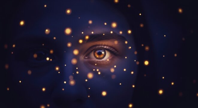 Mystical Gaze Through Cosmic Dust: A close-up of a human eye, glowing with an inner light, gazes into a field of shimmering golden particles against a deep indigo background.