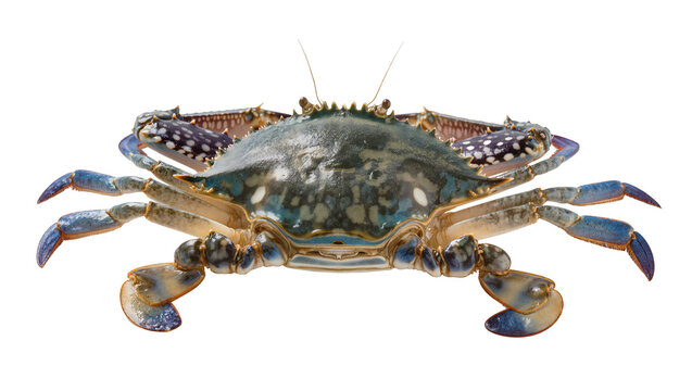 Blue crab with spotted carapace and blue legs