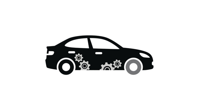A black silhouette of a car featuring mechanical gears inside the body design