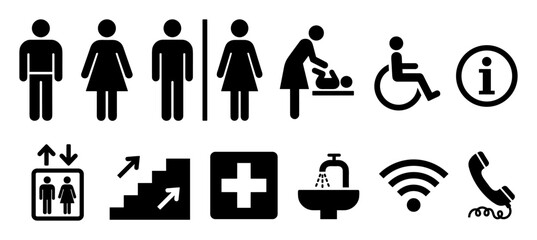Collection of common restroom, accessibility, and public facility icons including men, women, baby changing, wheelchair, information, elevator, stairs, medical, wash basin on transparent background © Yehor