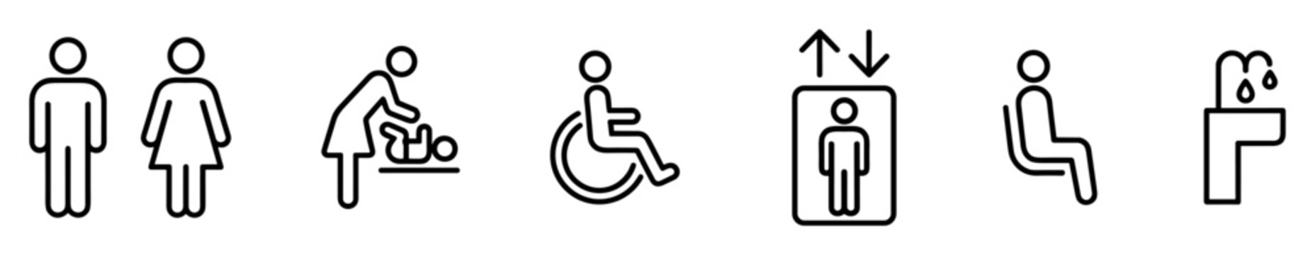 Set of public facility icons including male and female restrooms, baby changing station, wheelchair accessibility, elevator, seating, and drinking fountain on transparent background