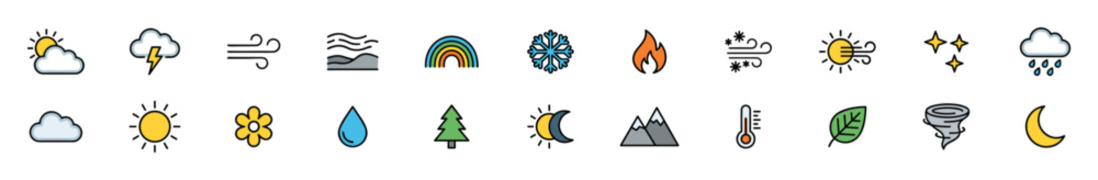 Set of colorful weather icons including sun, cloud, wind, rain, snow, fire, rainbow, leaf, tornado, moon, flower, mountains, temperature and stars on transparent background