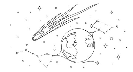 Celestial comet and planet illustration, starry night sky, constellations, space art, line drawing © rglstrm