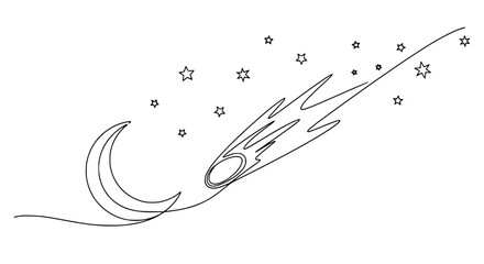 Crescent moon and shooting star illustration in minimalist line art style on white background © rglstrm