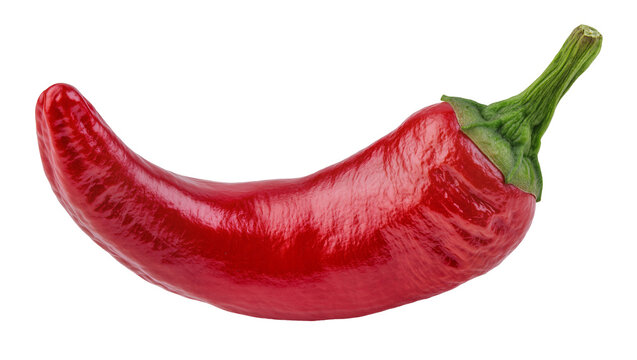 Curved red chili pepper with green stem