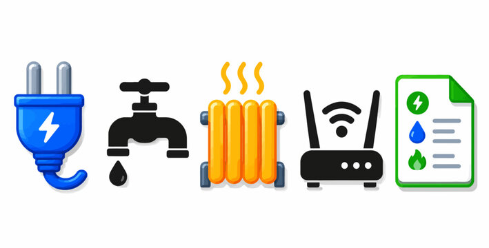 Utility symbols: electricity, water, heating, internet, and billing concept icons