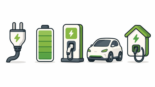 Electric vehicle icons: plug, battery, charging station, car, charging house