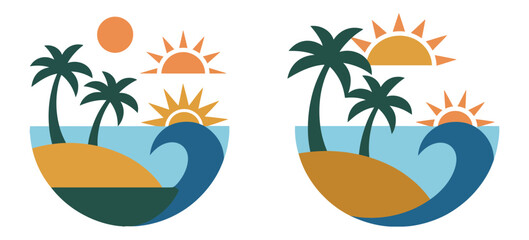 Obraz premium Tropical paradise island vector featuring swaying palm trees, ocean waves, sunny skies, and coastal landscape elements