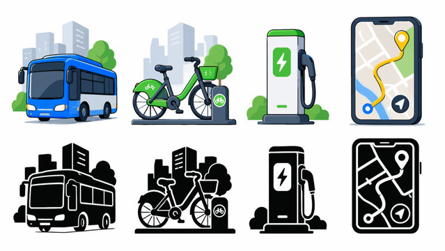 Urban mobility solutions: bus, bicycle, charging station, navigation app icons