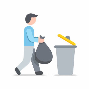 Man taking out trash to street bin. Flat design vector illustration. Waste management and cleaning concept