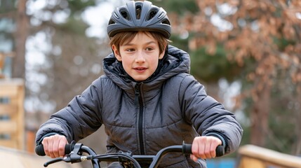 Naklejka premium Young boy in helmet riding a bicycle towards a jump ramp outdoors