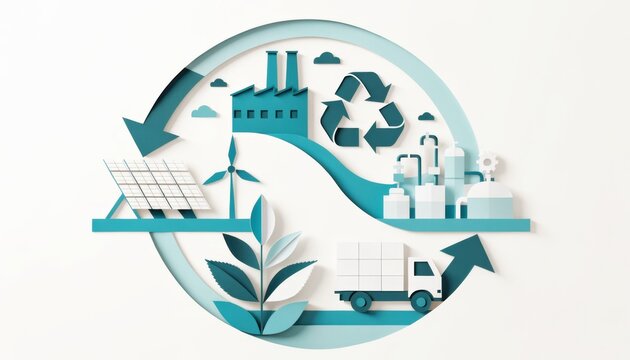 Circular economy illustration showing renewable energy and industry in paper cut style
