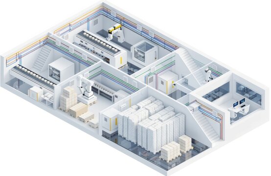 Modern automated factory interior with robotic arms and conveyor belts