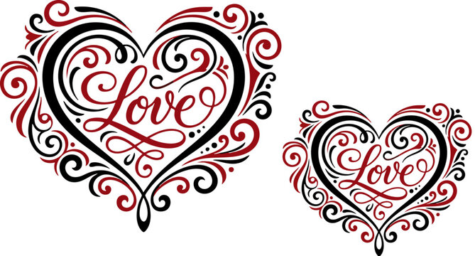 Ornate filigree heart vector with Love calligraphy, decorative scrollwork heart illustration in red and black, elegant flourish heart design