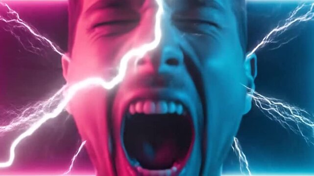 Intense man screaming with electric energy eyes in neon frame.