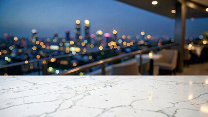 Obraz premium Polished Calacatta White Marble Countertop on Luxury Hotel Rooftop Terrace Overlooking Urban Metropo