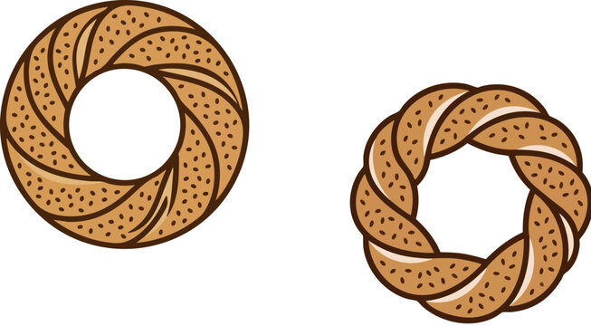 Traditional Turkish simit bread vector illustration, sesame seed bagel set, circular twisted pastry icons for bakery menu and food branding