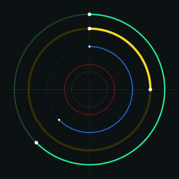 Modern circular infographic dashboard graph with colorful concentric progress rings on a dark black background