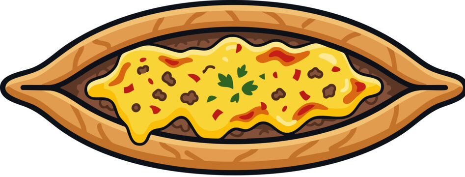 Turkish pide flatbread with minced meat and melted cheese, traditional middle eastern pizza vector, boat shaped dough with savory toppings